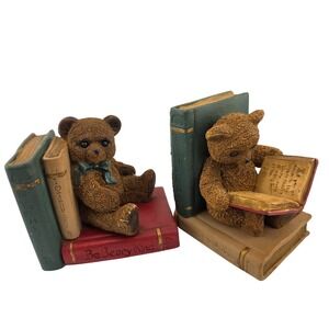 Stone Critters Teddy Bear Bookends Reading‎ Sitting Vtg EXCELLENT Academic Decor